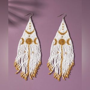 White tassel gold moon earrings